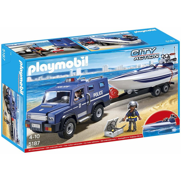פליימוביל ג'יפ משטרה וסירת מירוץ על גרר 5187 - Playmobil